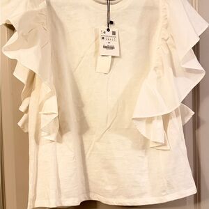 ZARA Women's White Ruffle Sleeve Top